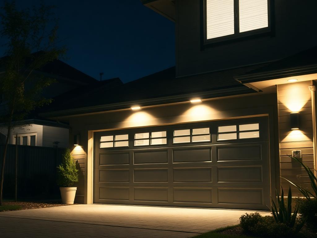 Well-lit garage entrance with motion-sensor security lighting at night