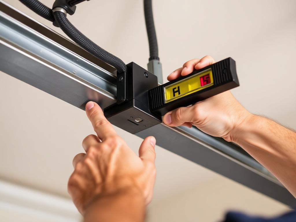 Professional technician aligning garage door tracks with precision tools